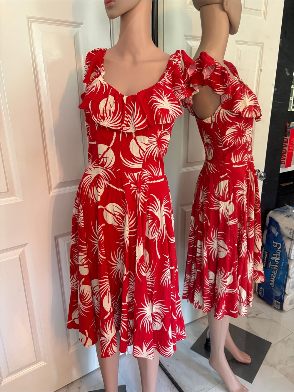 Trashy Diva Red and White Tropical Ruffle Midi Dress Rockabilly Pinup